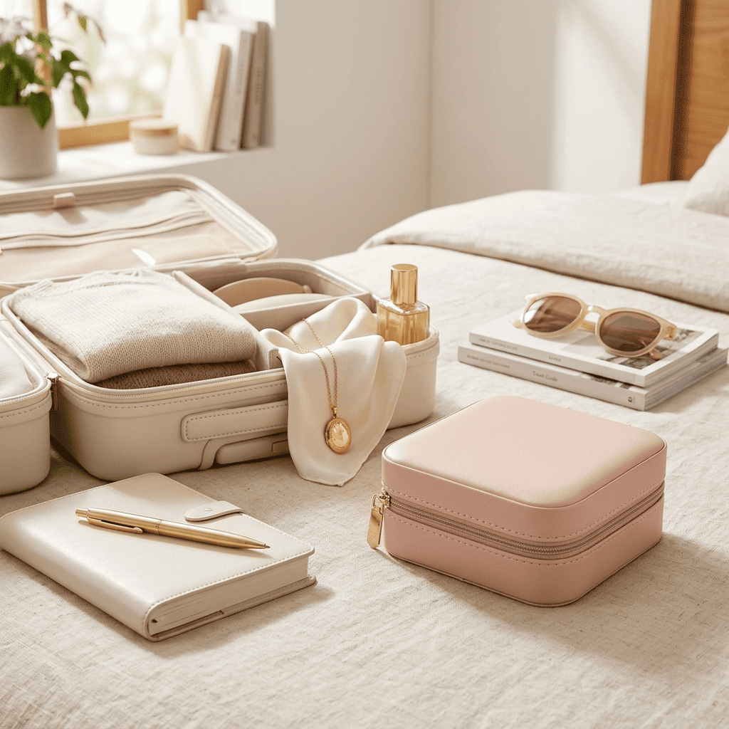Alénys, mini boîte à bijoux en cuir posée en contexte de voyage