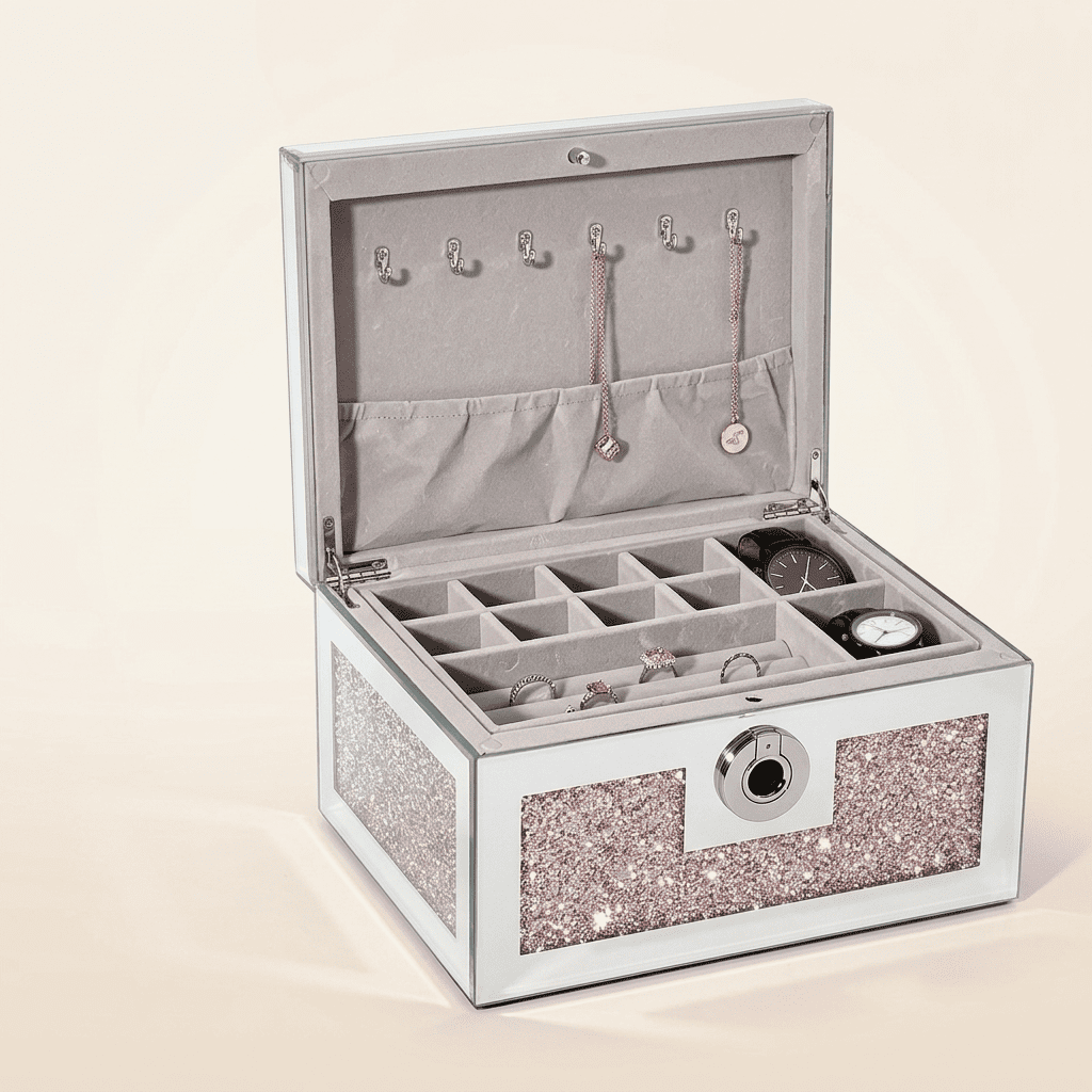 Argentys, grand coffret à bijoux en verre miroir et bois à empreinte digitale, coloris rose