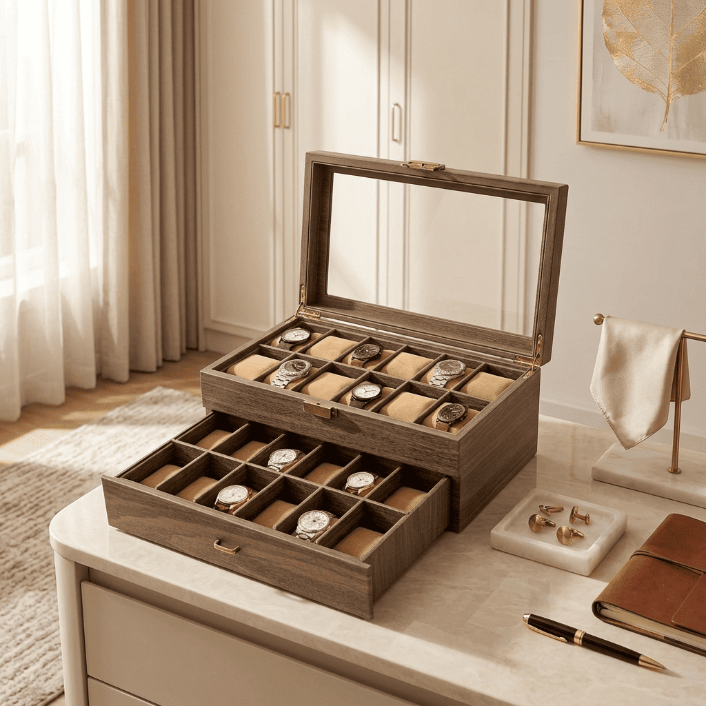 Baronys, grand coffret à montres en bois posé en mise en scène