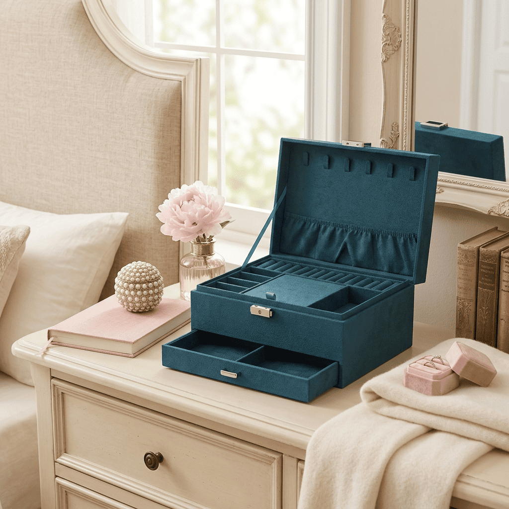 Étoilys, grand coffret à bijoux en daim vert posé en mise en scène
