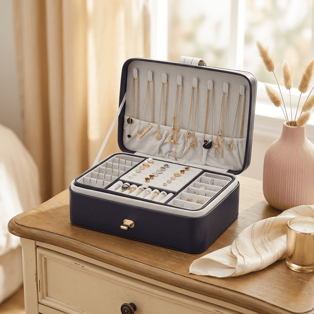 Sérénys, grand coffret à bijoux cuir coloris bleu, vue ouverte, en mise en scène