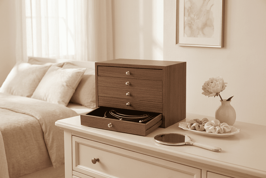 Boite a bijoux en bois sur une commode | Vellerys