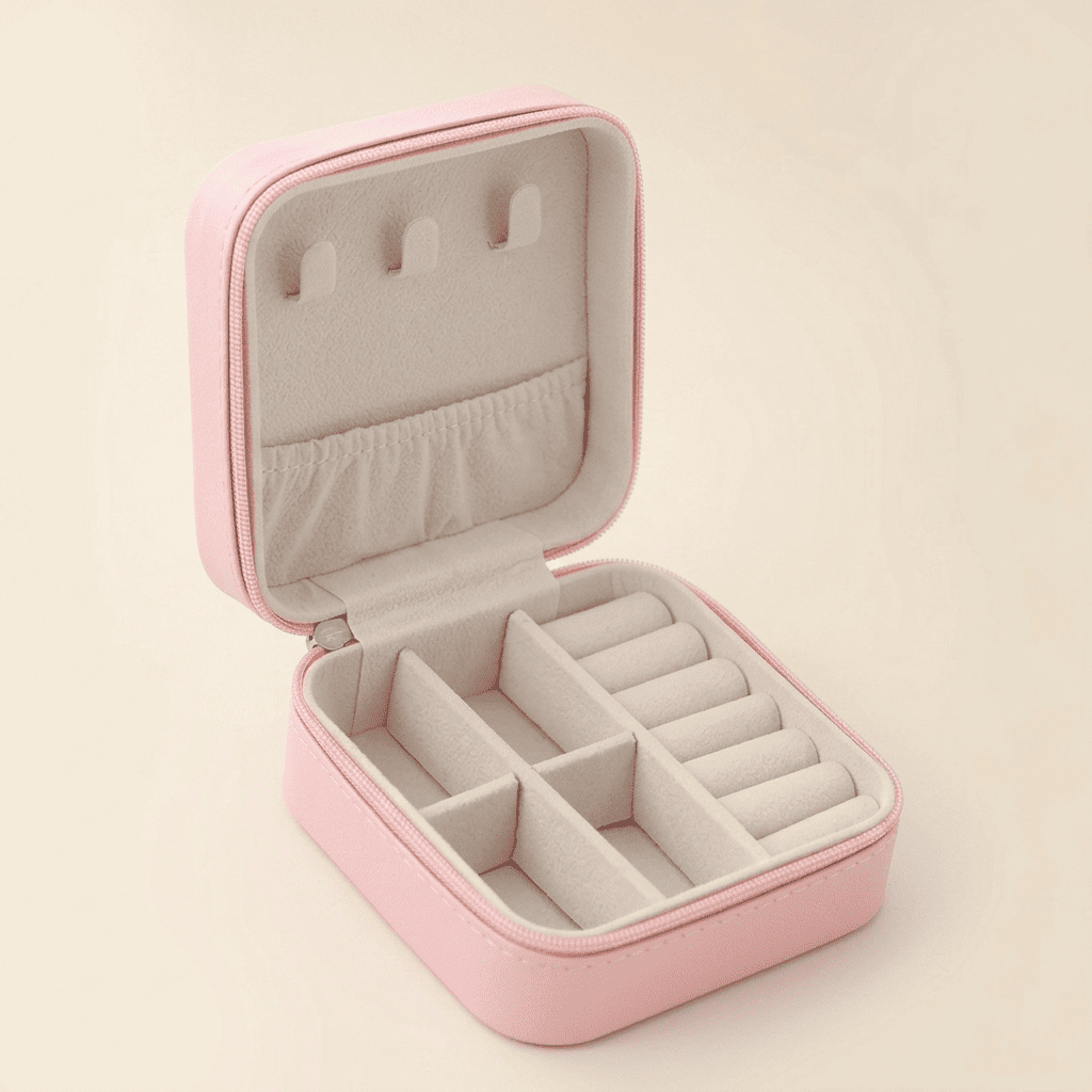 Alénys, mini boîte à bijoux cuir zippée de voyage, coloris rose