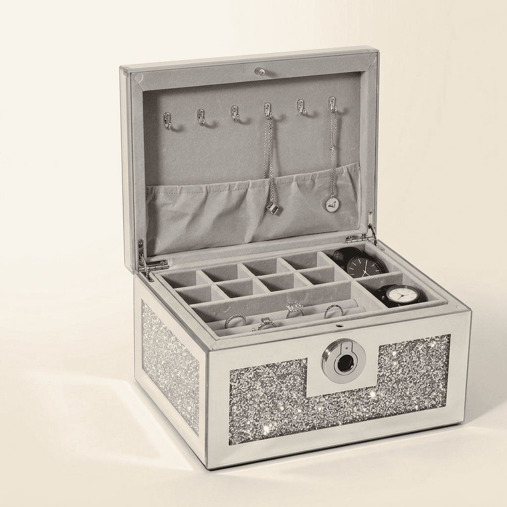 Argentys, grand coffret à bijoux en verre miroir et bois à empreinte digitale, coloris gris