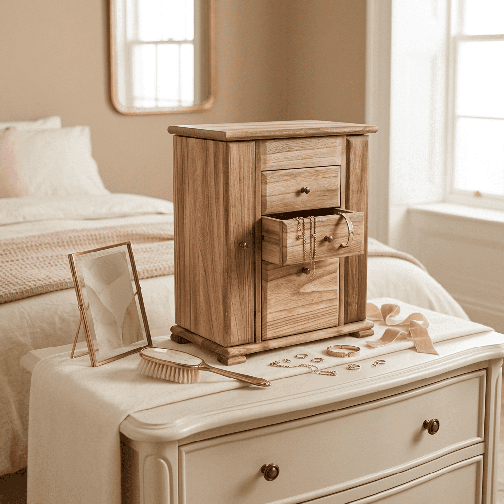 Cédrys, grande boîte à bijoux en bois fermée, posée sur une commode