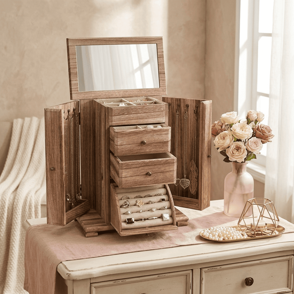 Cédrys, grande boîte à bijoux en bois ouverte, posée sur une commode