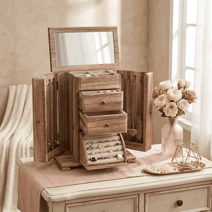 Cédrys, grande boîte à bijoux en bois ouverte, posée sur une commode