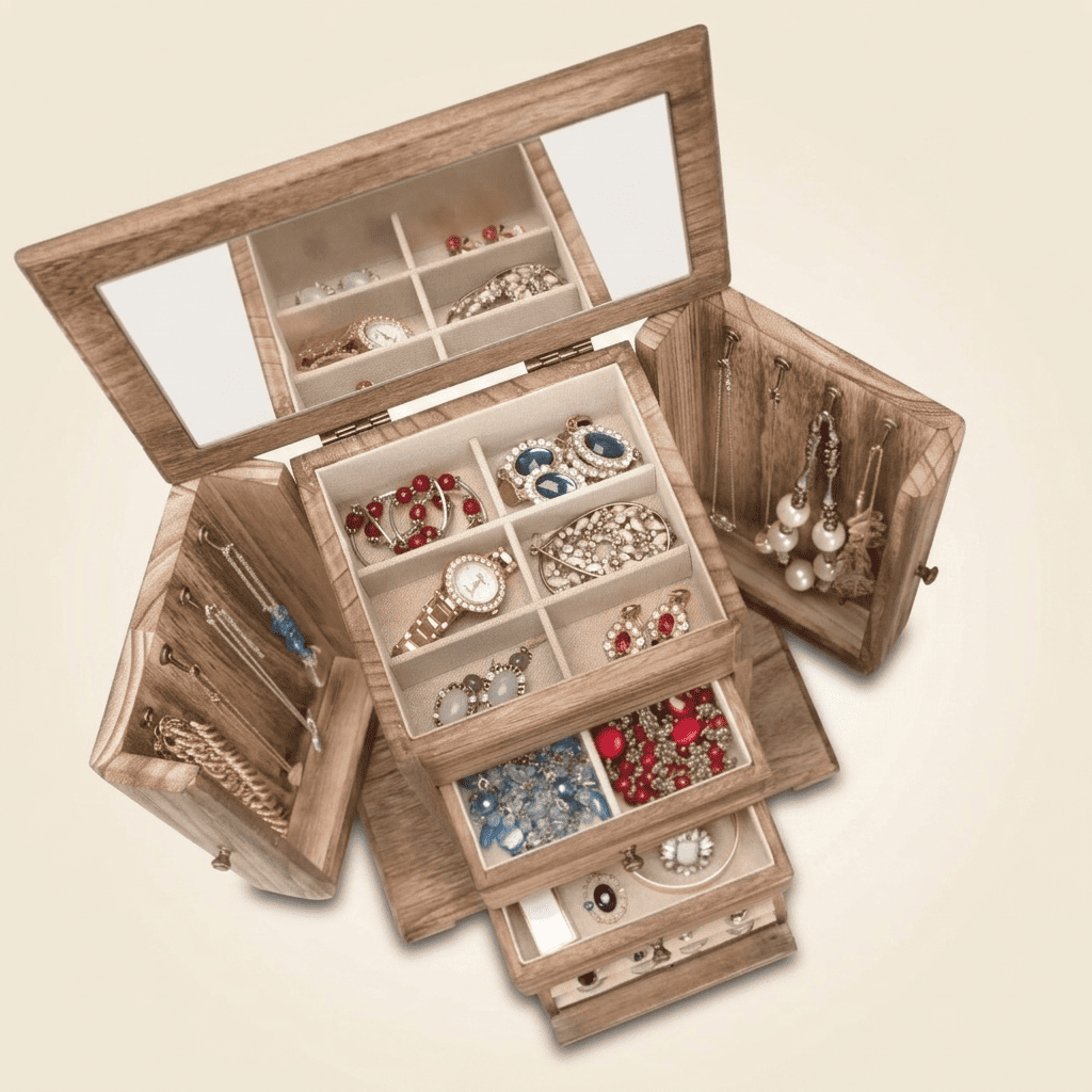 Cédrys, grande boîte à bijoux en bois, vue du dessus ouverte