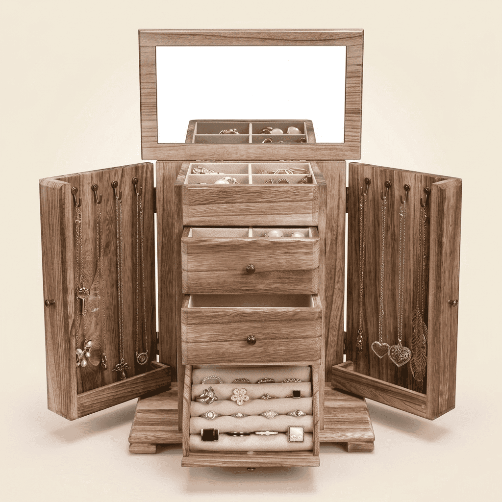 Cédrys, grande boîte à bijoux en bois 3 tiroirs et miroir, vue de face