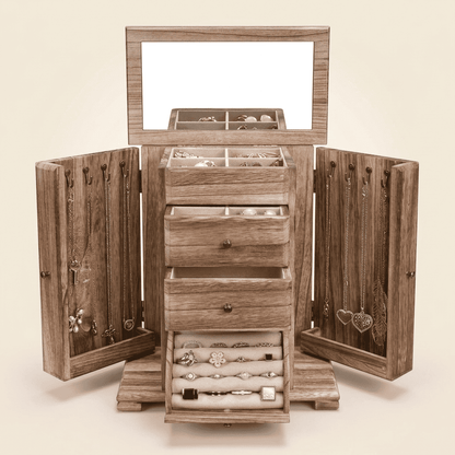 Cédrys, grande boîte à bijoux en bois 3 tiroirs et miroir, vue de face