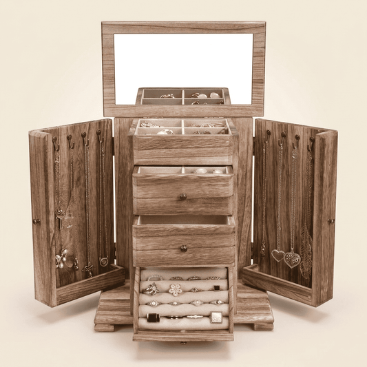 Cédrys, grande boîte à bijoux en bois 3 tiroirs et miroir, vue de face
