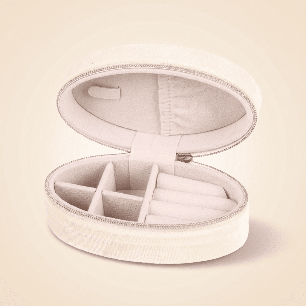 Célestys, mini boîte à bijoux ovale en velours de voyage, coloris abricot