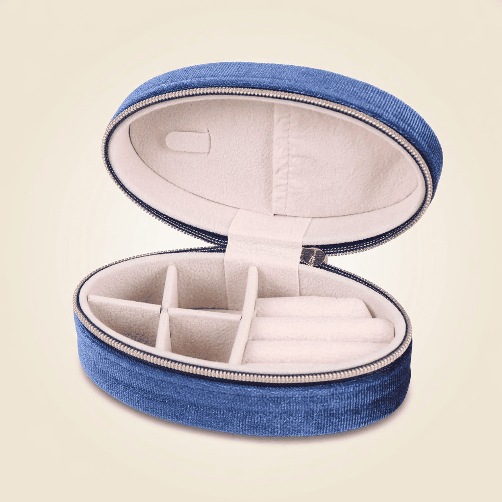Célestys, mini boîte à bijoux ovale en velours de voyage, coloris bleu foncé