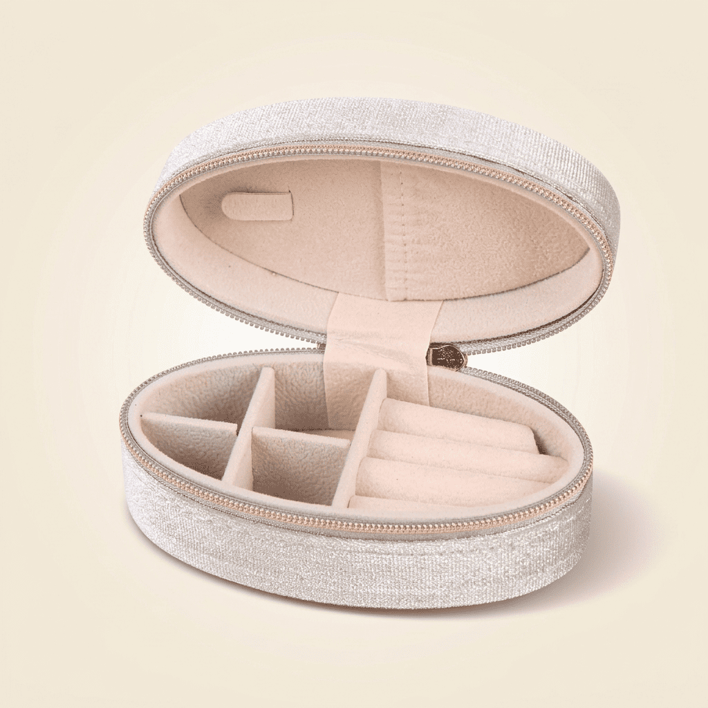 Célestys, mini boîte à bijoux ovale en velours de voyage, coloris gris