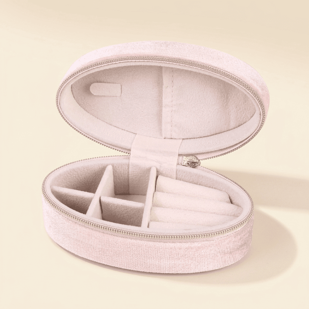 Célestys, mini boîte à bijoux ovale en velours de voyage, coloris rose pêche
