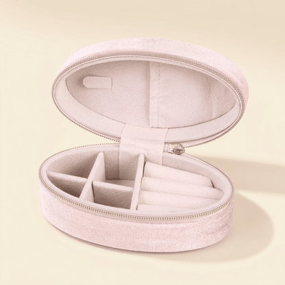 Célestys, mini boîte à bijoux ovale en velours de voyage, coloris rose pêche