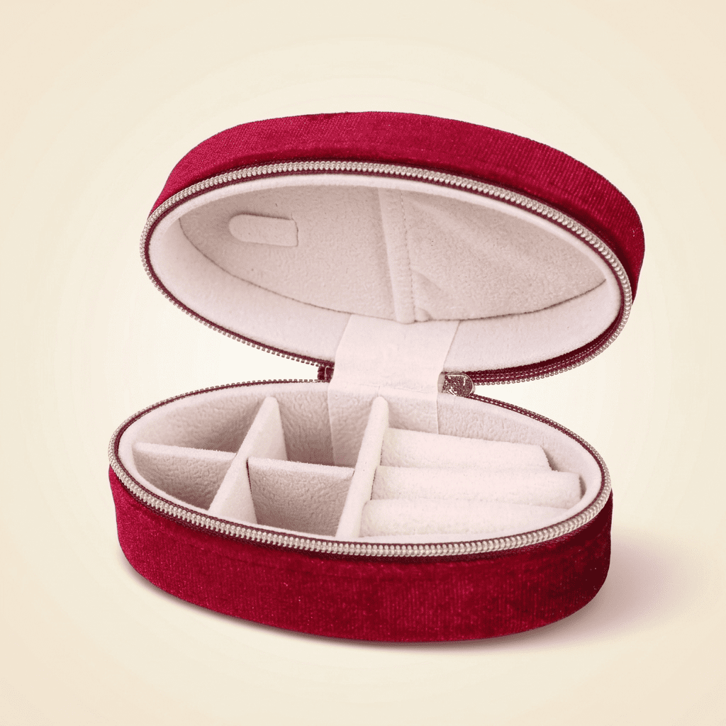 Célestys, mini boîte à bijoux ovale en velours de voyage, coloris rouge