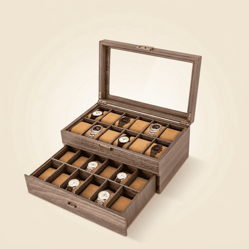 Baronys, grand coffret à montres en bois 24 compartiments, vue ouverte avec montres