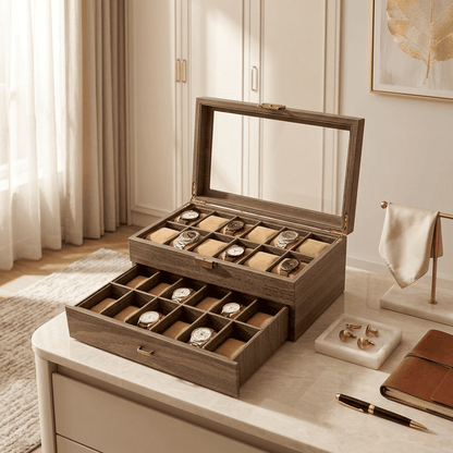 Baronys, grand coffret à montres en bois posé en mise en scène