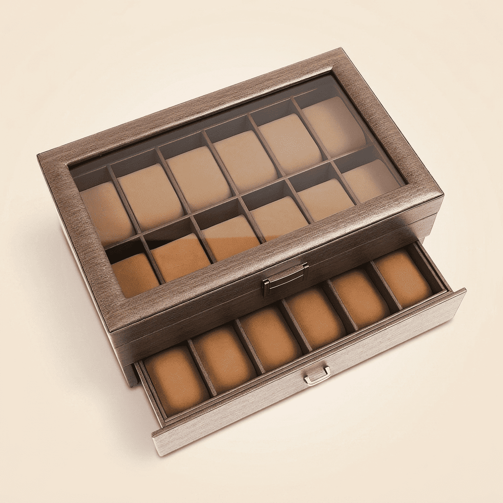 Baronys, grand coffret à montres en bois 24 compartiments, vue ouverte sans montres
