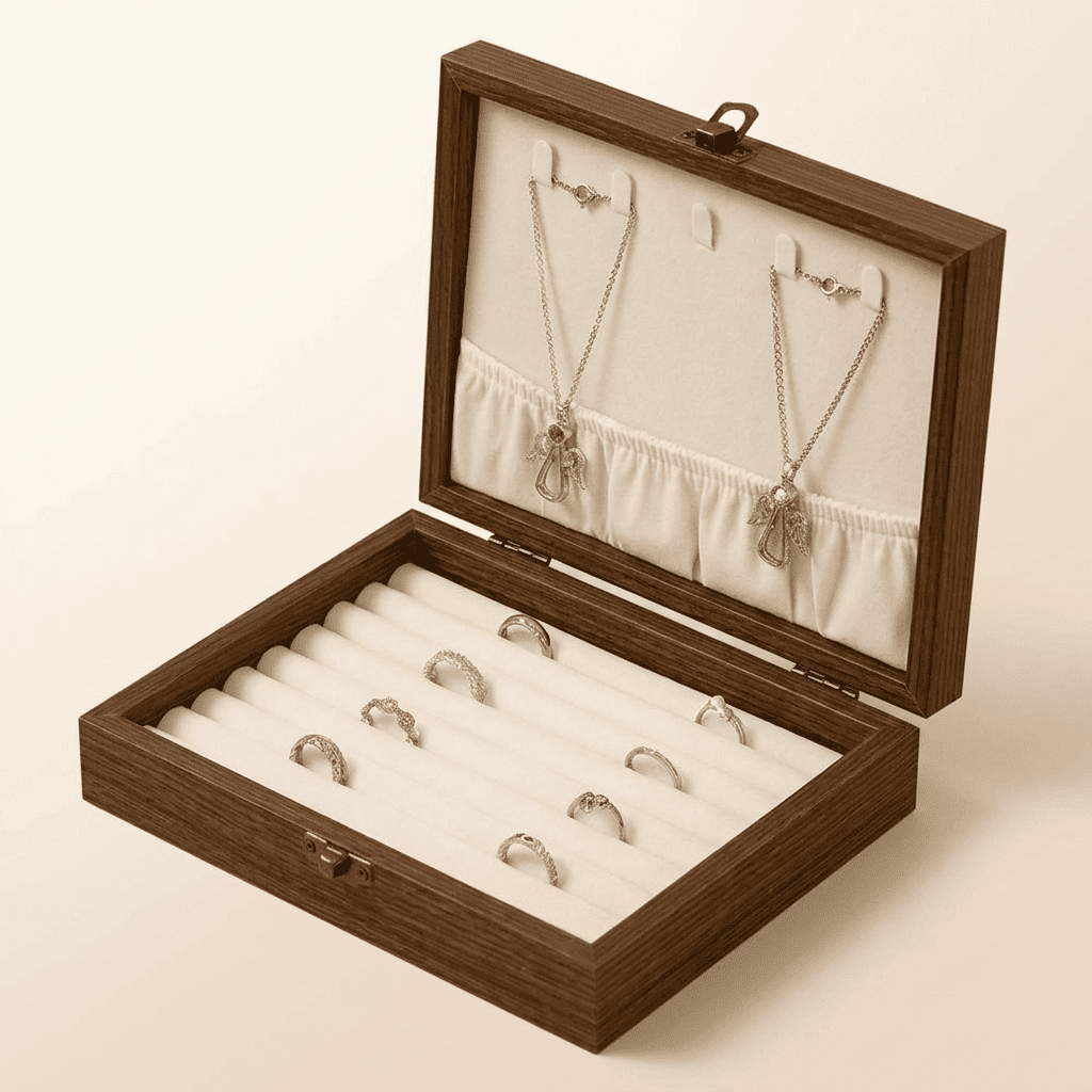 Charmys, coffret à bijoux en bois effet noyer, modèle beige anneaux