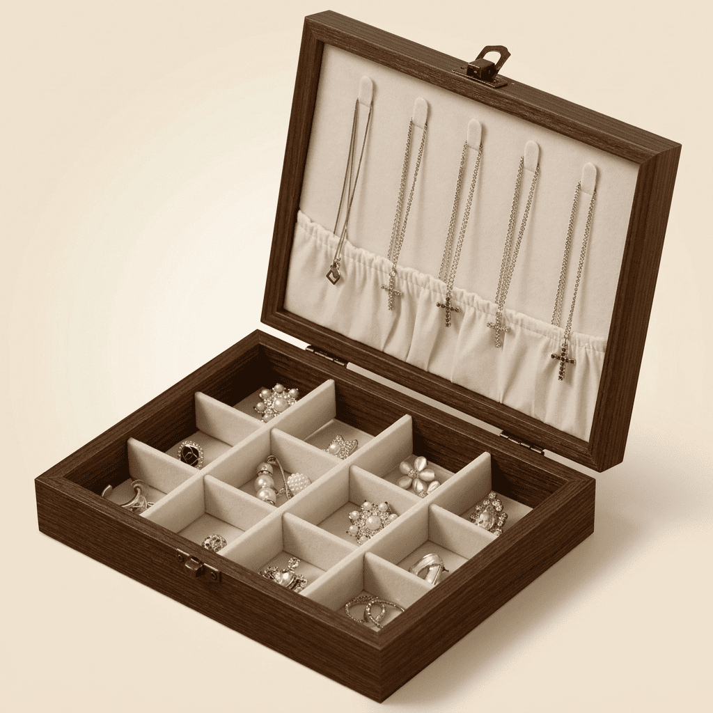 Charmys, coffret à bijoux en bois effet noyer, modèle beige grille