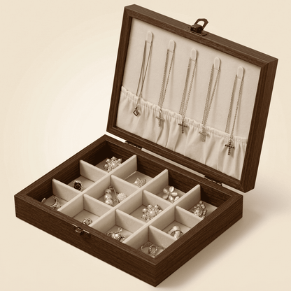 Charmys, coffret à bijoux en bois effet noyer, modèle beige grille