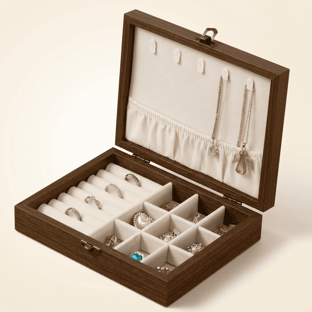 Charmys, coffret à bijoux en bois effet noyer, modèle beige mixte