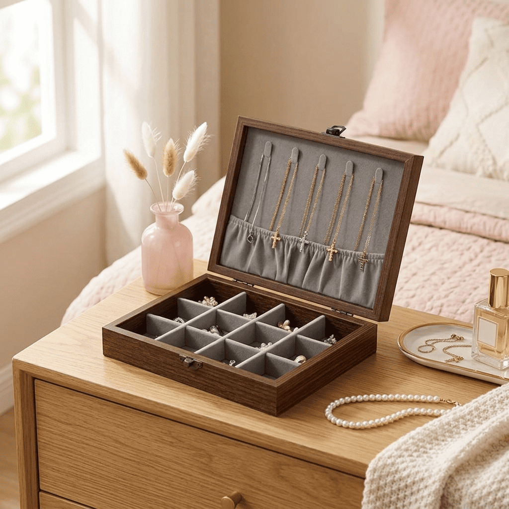 Charmys, coffret à bijoux en bois posé en mise en scène