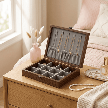 Charmys, coffret à bijoux en bois posé en mise en scène