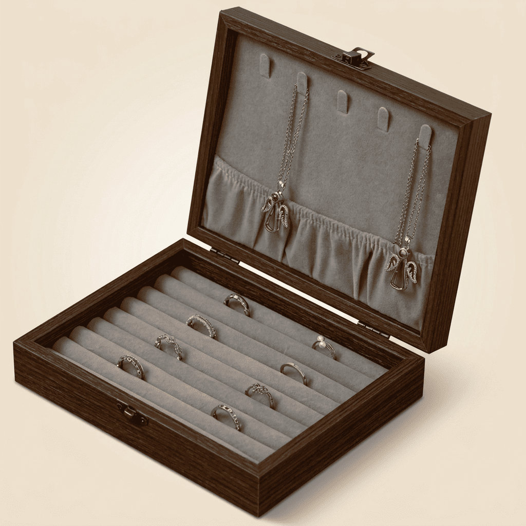 Charmys, coffret à bijoux en bois effet noyer, modèle gris anneaux