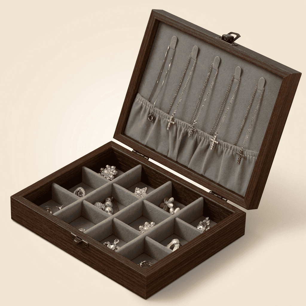 Charmys, coffret à bijoux en bois effet noyer, modèle gris grille