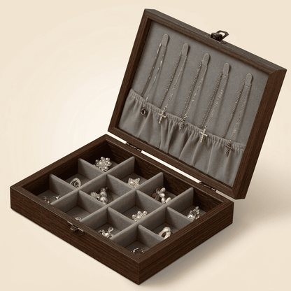 Charmys, coffret à bijoux en bois effet noyer, modèle gris grille