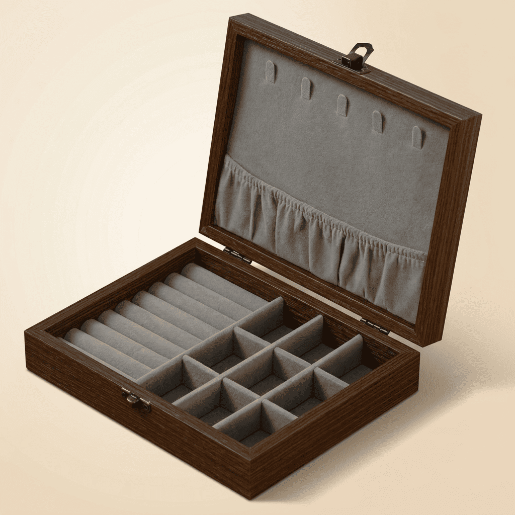 Charmys, coffret à bijoux en bois effet noyer, modèle gris mixte