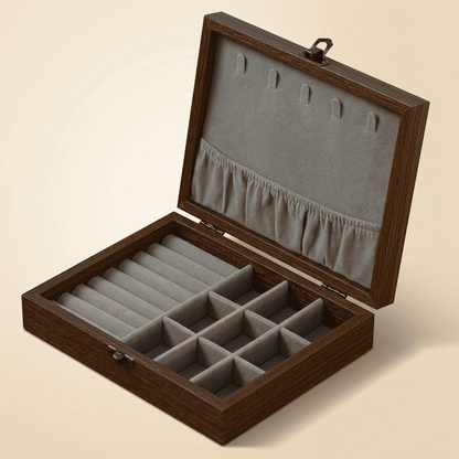 Charmys, coffret à bijoux en bois effet noyer, modèle gris mixte