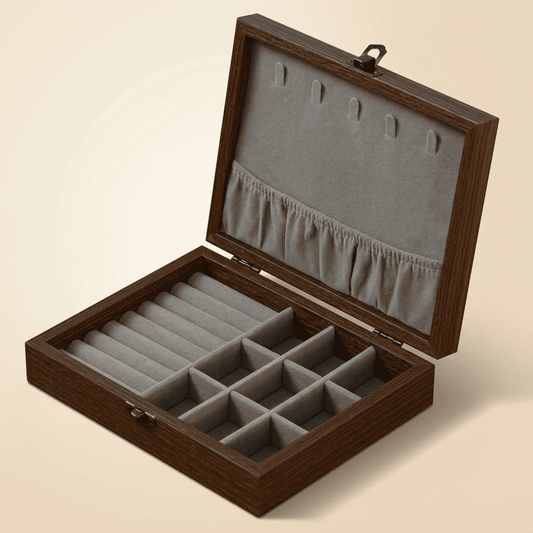 Charmys, coffret à bijoux en bois effet noyer, modèle gris mixte