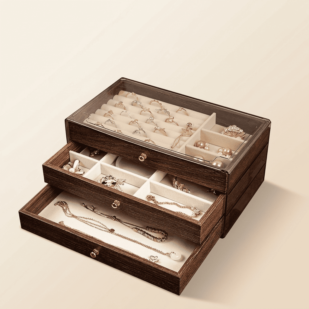 Chênys, boîte à bijoux en bois 3 tiroirs et vitre, agencement 2 compartiments types