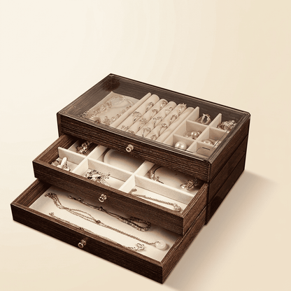 Chênys, boîte à bijoux en bois 3 tiroirs et vitre, agencement 3 compartiments types