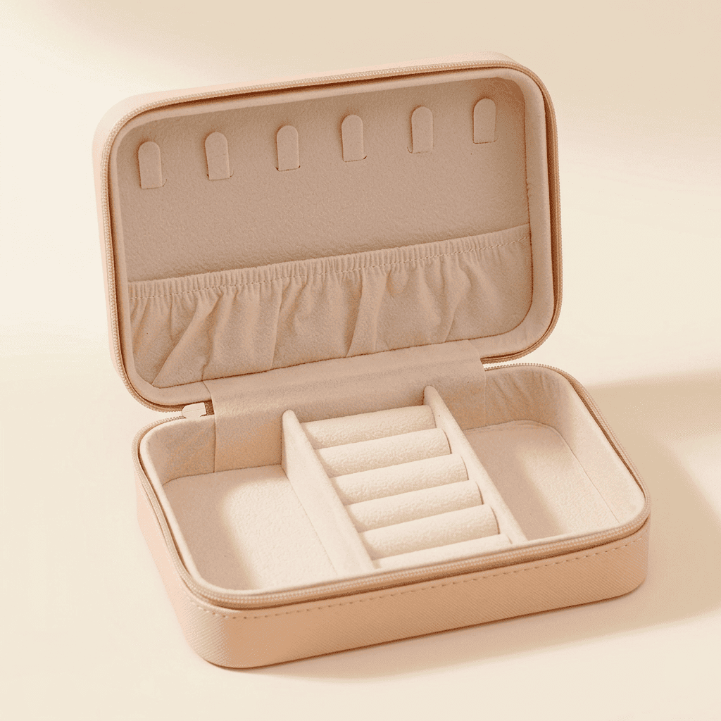 Corallys, petit étui à bijoux cuir zippé de voyage, coloris beige
