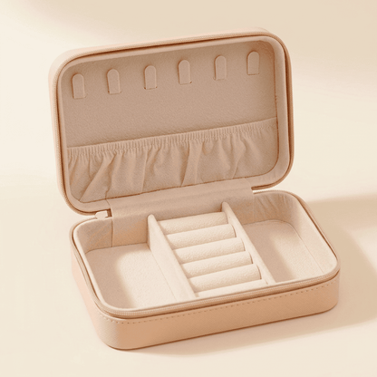 Corallys, petit étui à bijoux cuir zippé de voyage, coloris beige