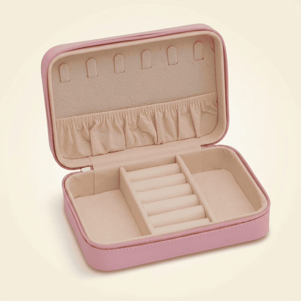 Corallys, petit étui à bijoux cuir zippé de voyage, coloris rose