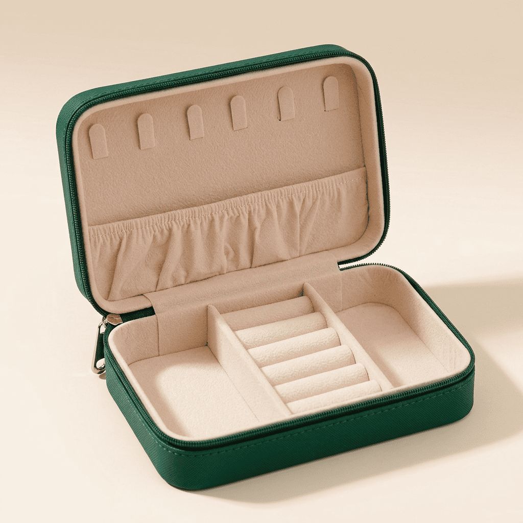 Corallys, petit étui à bijoux cuir zippé de voyage, coloris vert