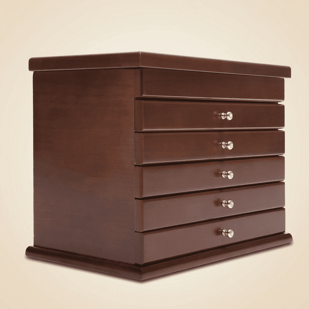 Cristalys, grand coffret à bijoux en bois vintage 5 tiroirs, vue fermée