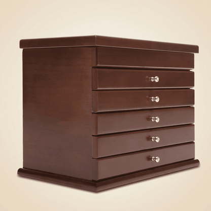 Cristalys, grand coffret à bijoux en bois vintage 5 tiroirs, vue fermée