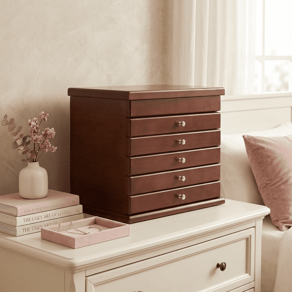 Cristalys, grand coffret à bijoux en bois posé en mise en scène