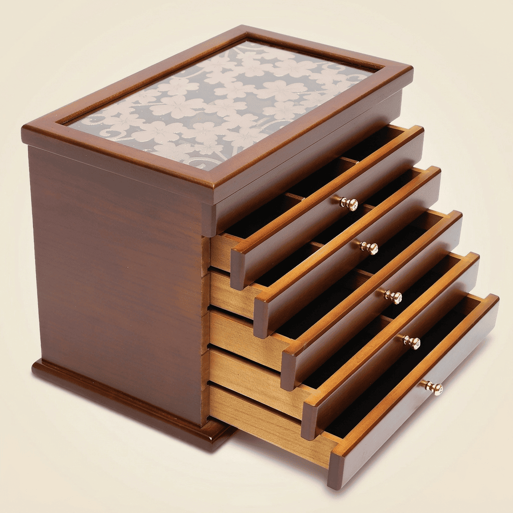 Cristalys, grand coffret à bijoux en bois vintage 5 tiroirs, vue ouverte