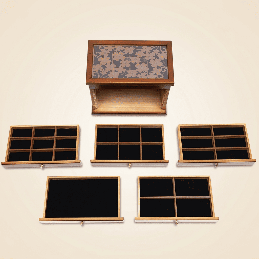 Cristalys, grand coffret à bijoux en bois vintage, détail des plateaux