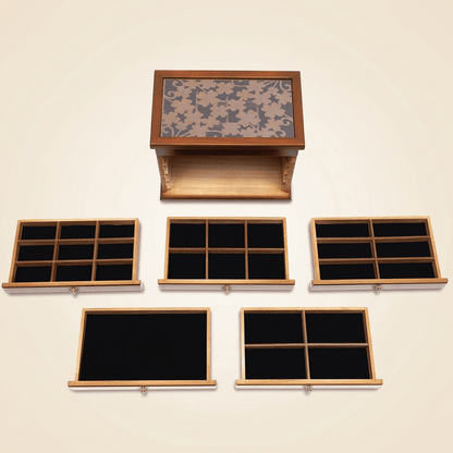 Cristalys, grand coffret à bijoux en bois vintage, détail des plateaux