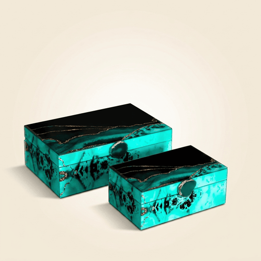 Éclélys, boîte à bijoux en verre effet marbre turquoise, modèle duo