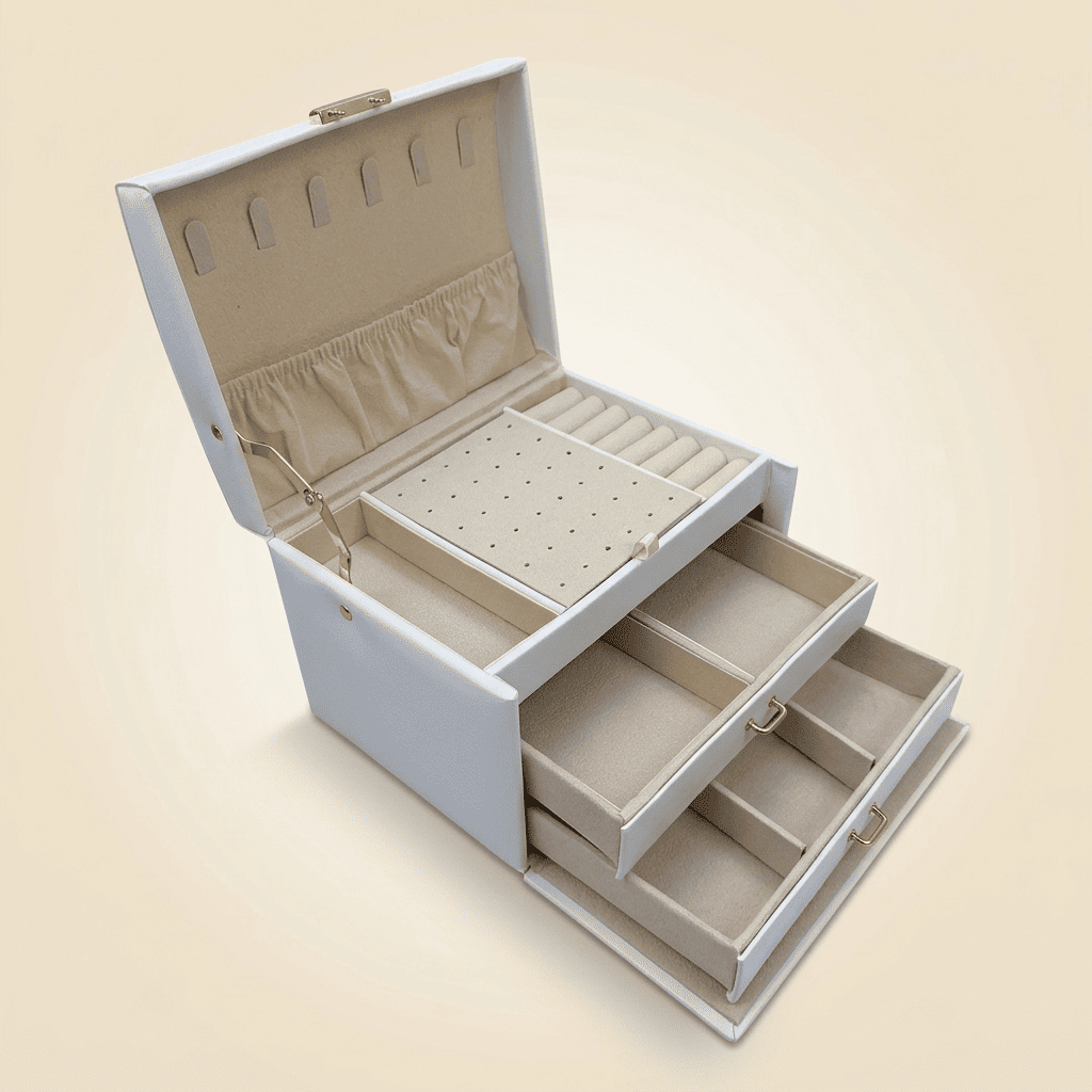 Elarys, coffret à bijoux en cuir verrouillable 3 niveaux, coloris blanc